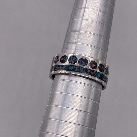 925 Sterling Silver Band Ring Gemstone Chips Inlay Size 8.75 - Picture 5 of 6